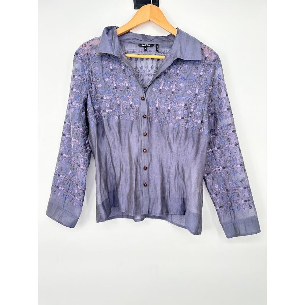 Nic & Zoe Women Sz 8 Top Purple Embroidered Sheer Boho Romantic Artsy Festival